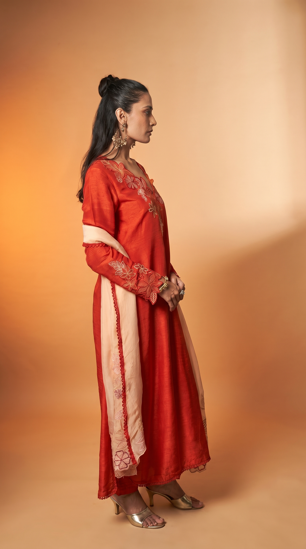 Burnt orange & peach embriodered kurta set
