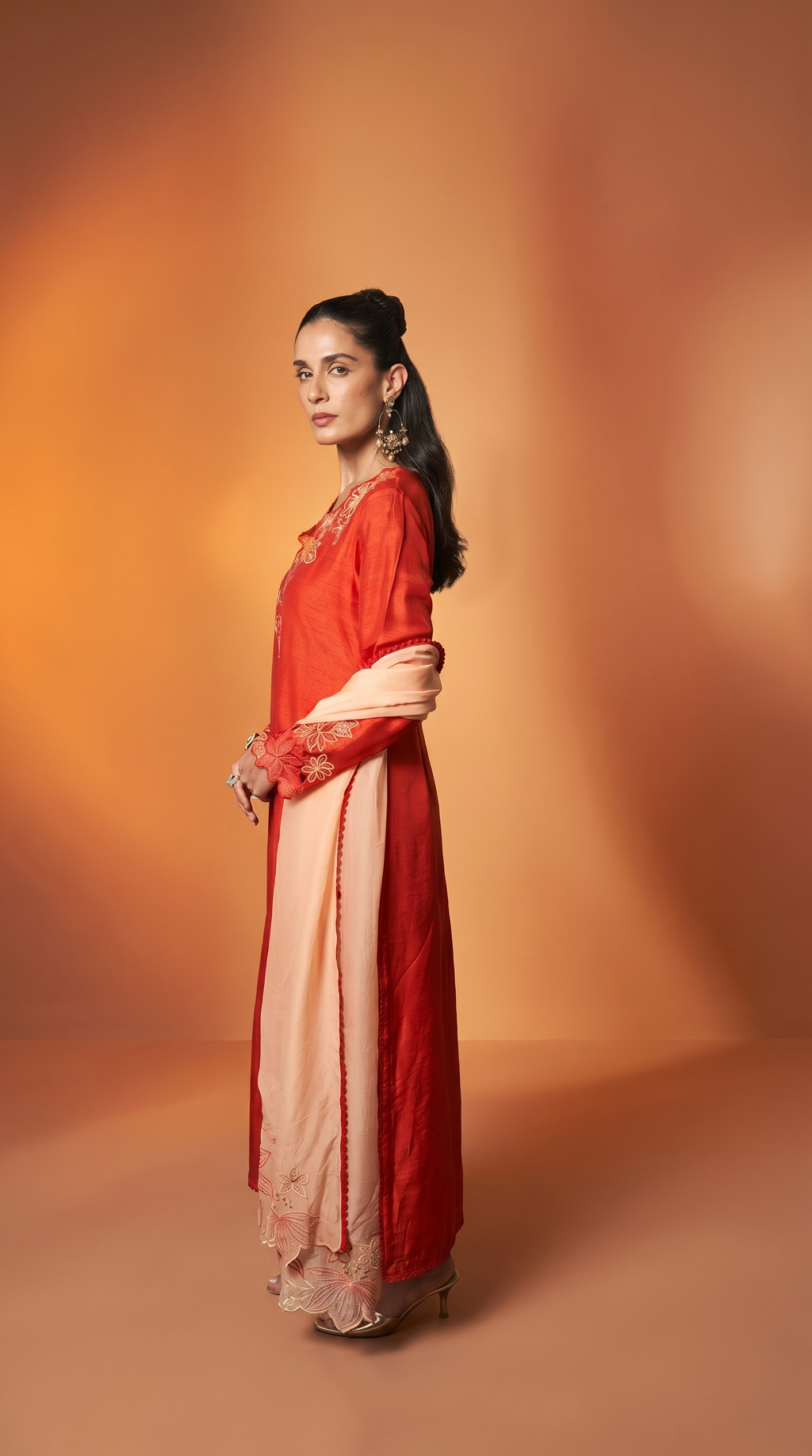 Burnt orange & peach embriodered kurta set