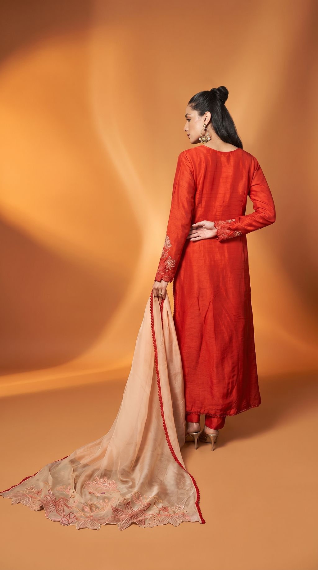 Burnt orange & peach embriodered kurta set