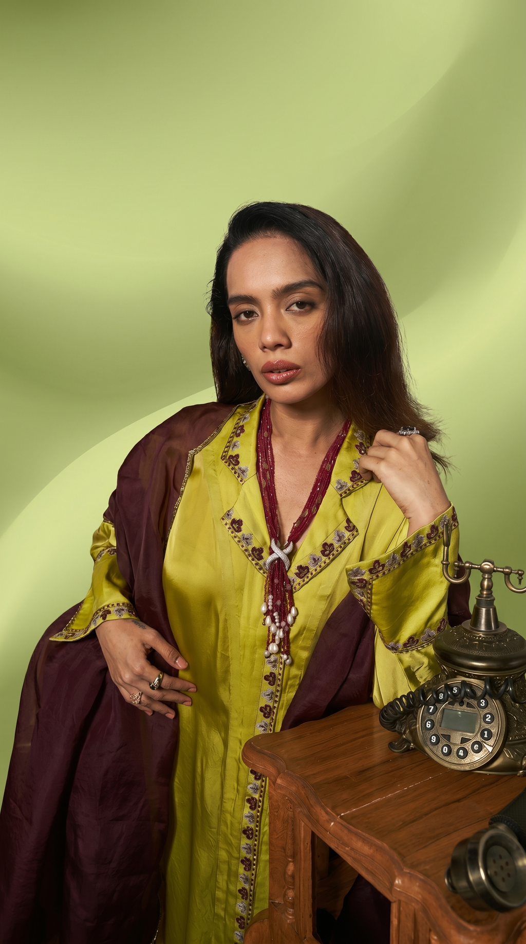 Lime green silk kaftan tunic set.