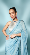 Turquoise & sage blue embriodered organza sari set.