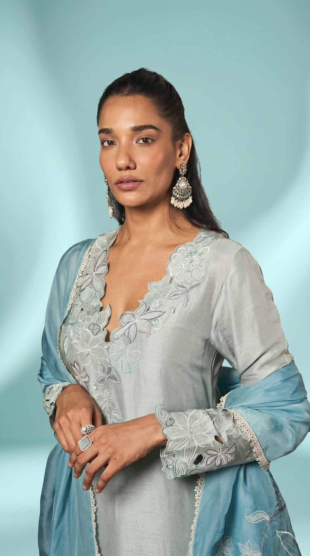 Sage blue & aqua blue contarst embriodered kurta set