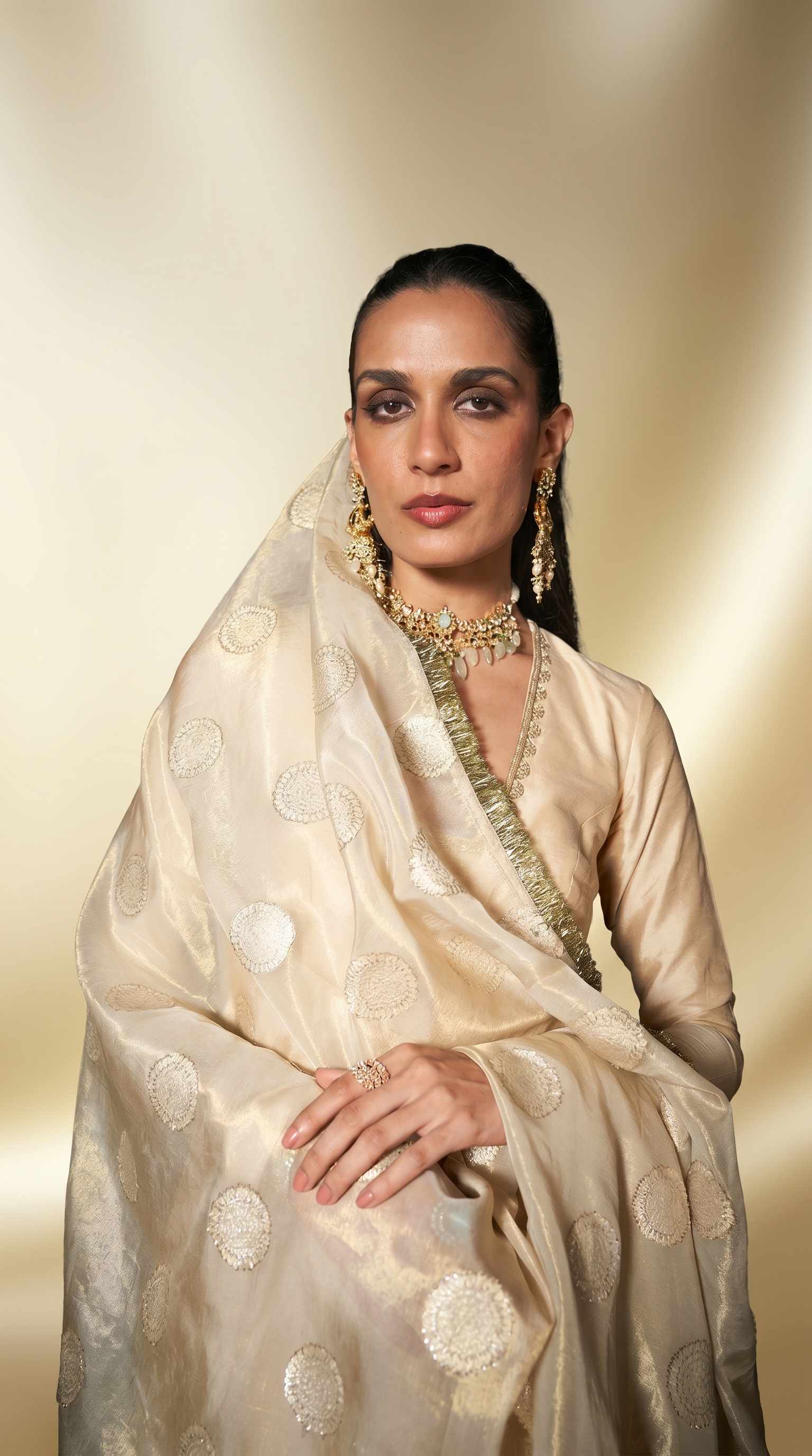 Coconut & gold silk anarkali set.