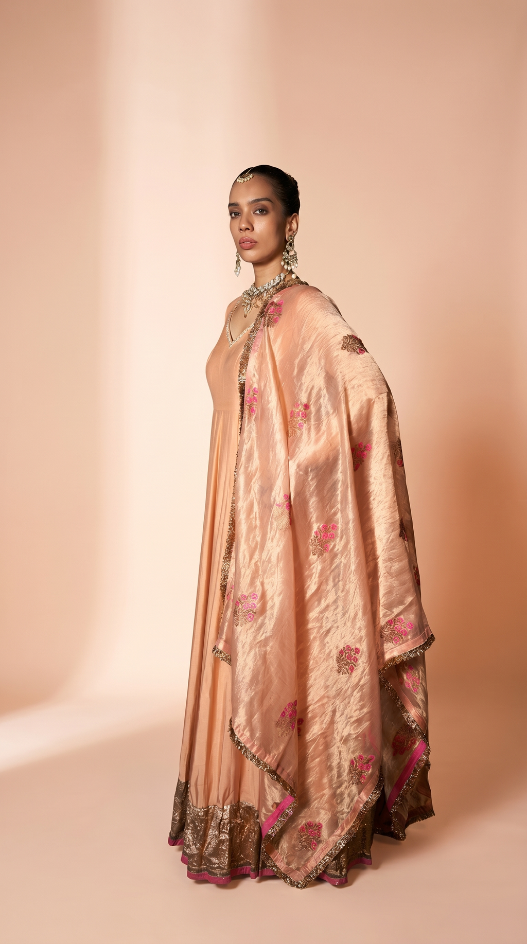 Peach silk anarkali set.