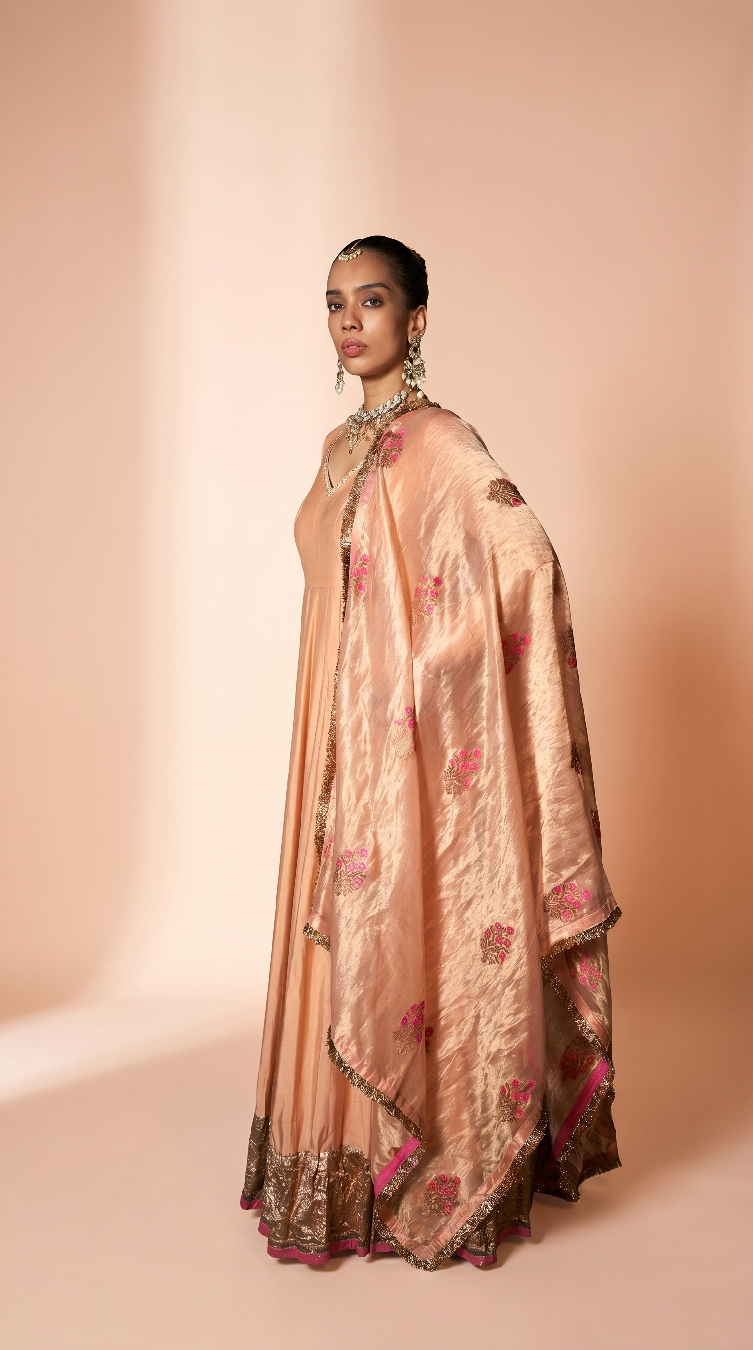 Peach silk anarkali set.