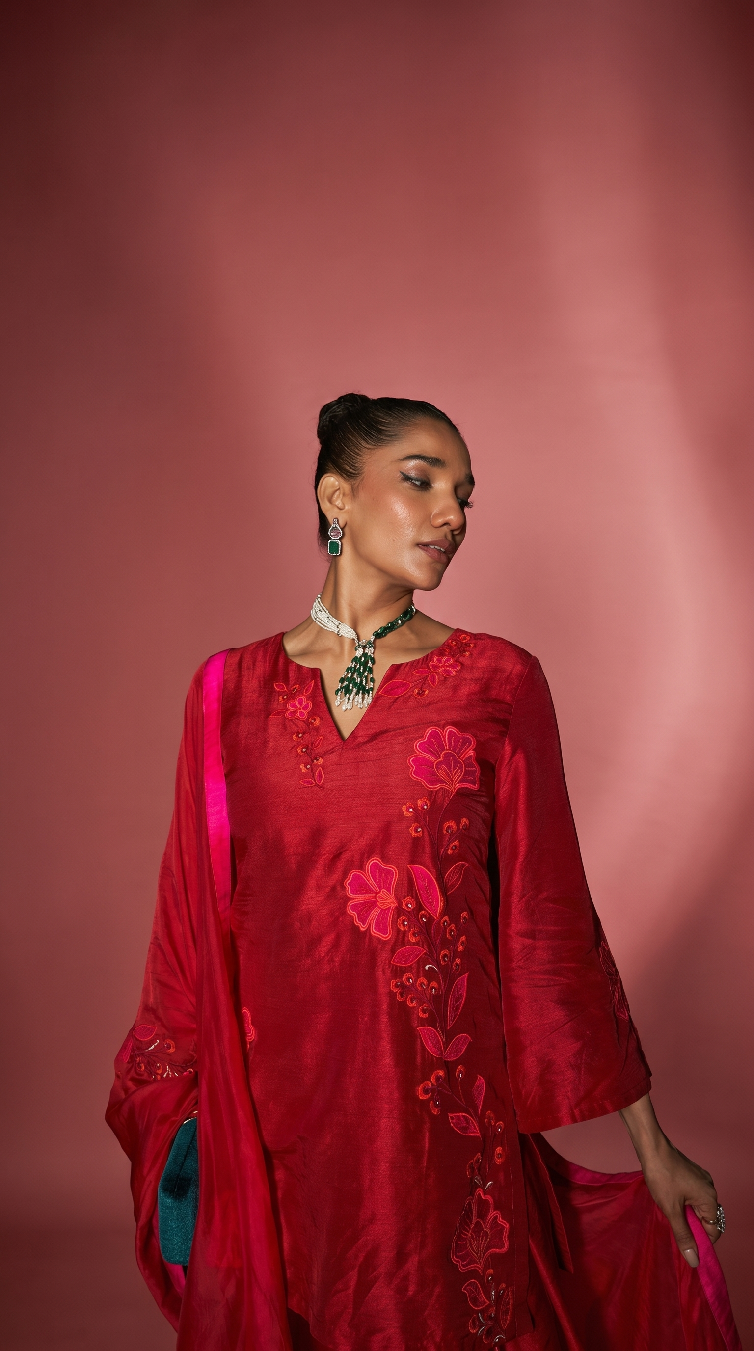 Scarlet Red patchwork embriodered  short kurta set