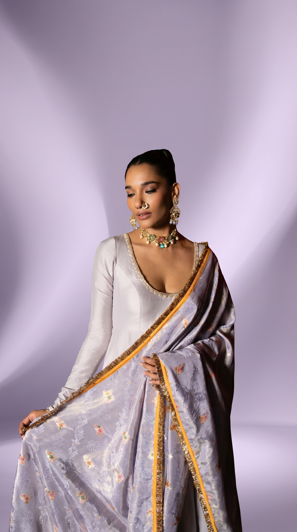 Lavender  silk anarkali set.