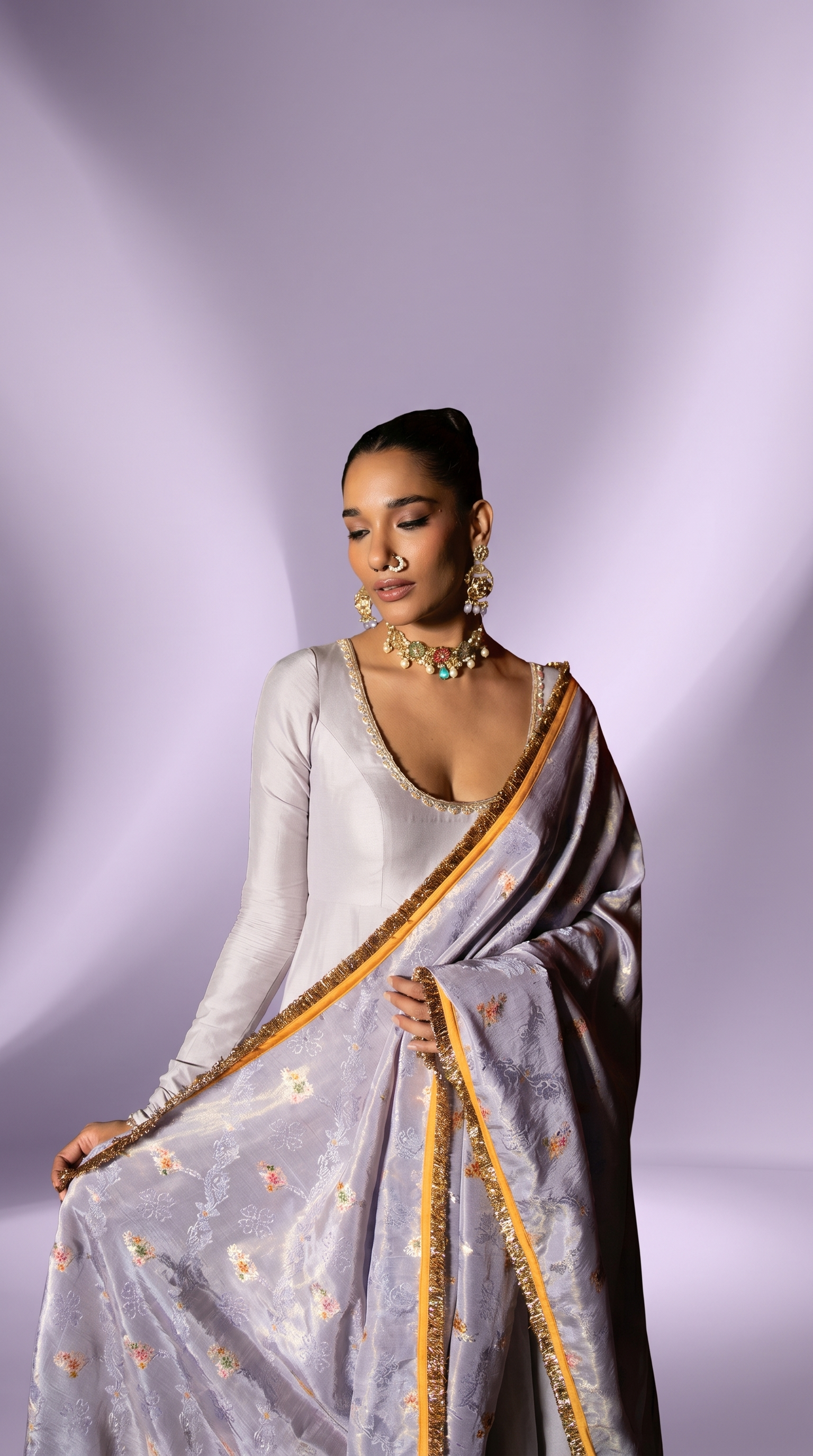Lavender  silk anarkali set.