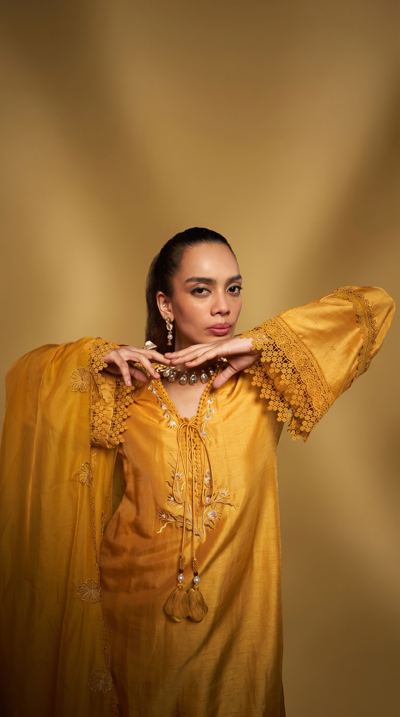 Sunshine yellow embriodered short kurta set.