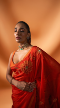 Burnt Orange embriodered organza sari set.