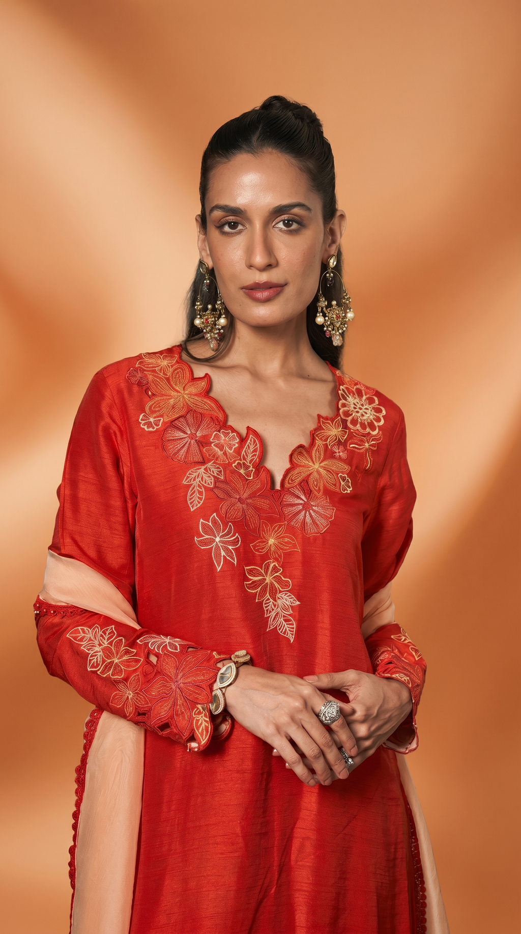 Burnt orange & peach embriodered kurta set