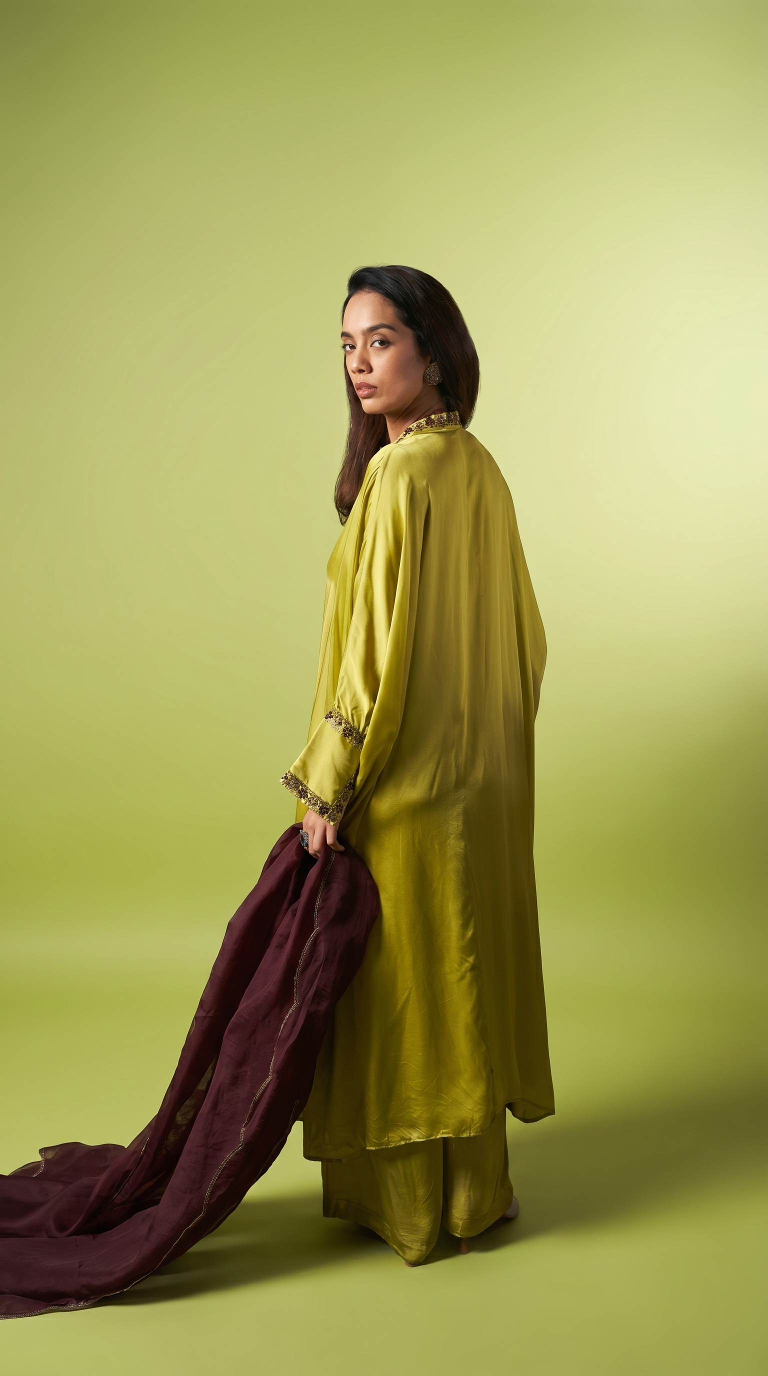 Lime green silk kaftan tunic set.