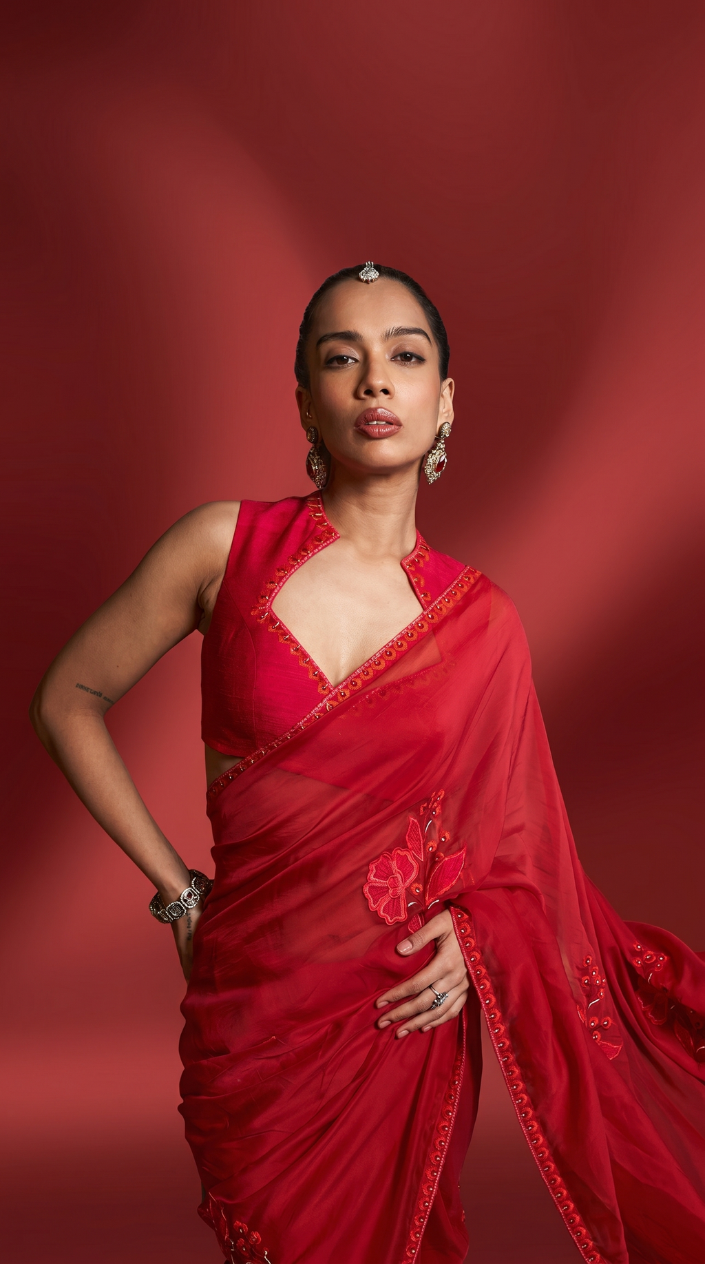Scarlet red embriodered organza sari set